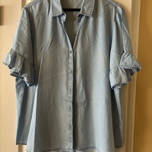 Beach Lunch Lounge Light Blue Ruffle Sleeve Button-Up Shirt